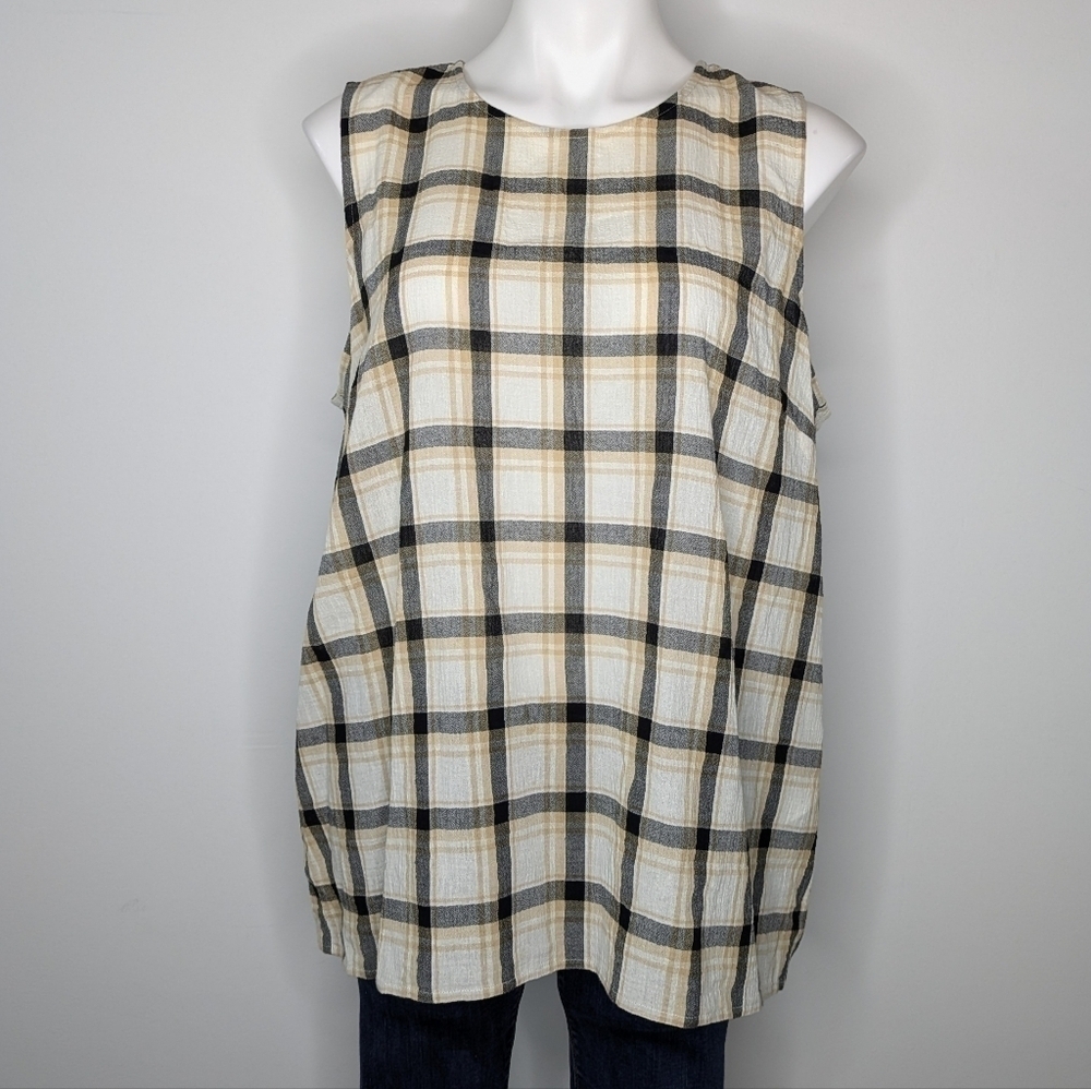 J Jill black white yellow plaid cotton blend tank top L